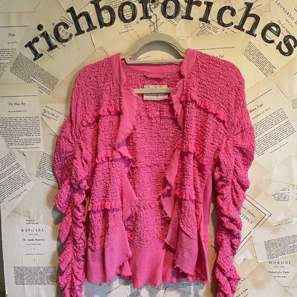 Free People Demi Jacket Textured Ruffle Lace Adorned Raw Hems Pink Aurora - Picture 5 of 6